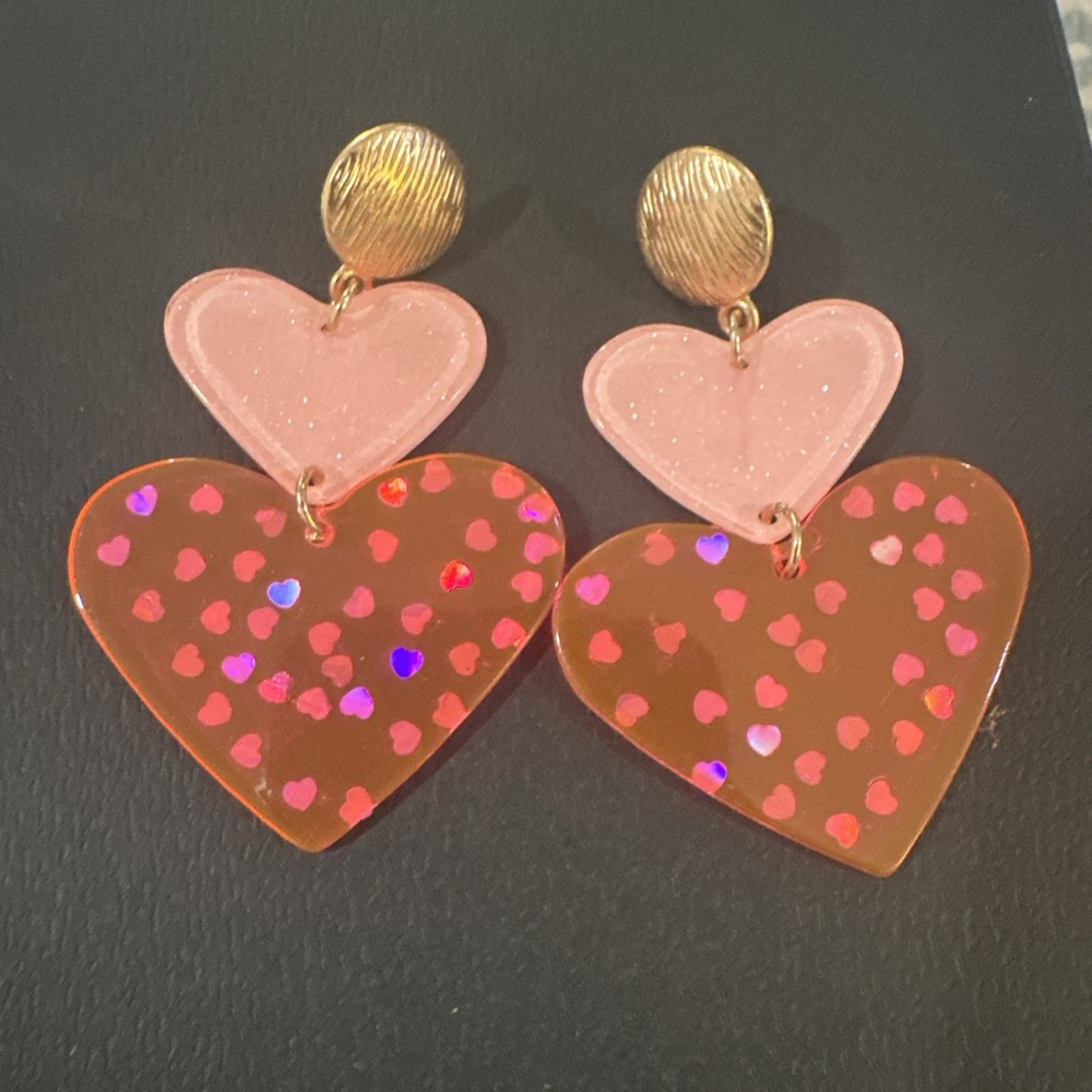 Pink Double Heart Earrings‎ Gold Tone Dangle Glitter Stud Pierced